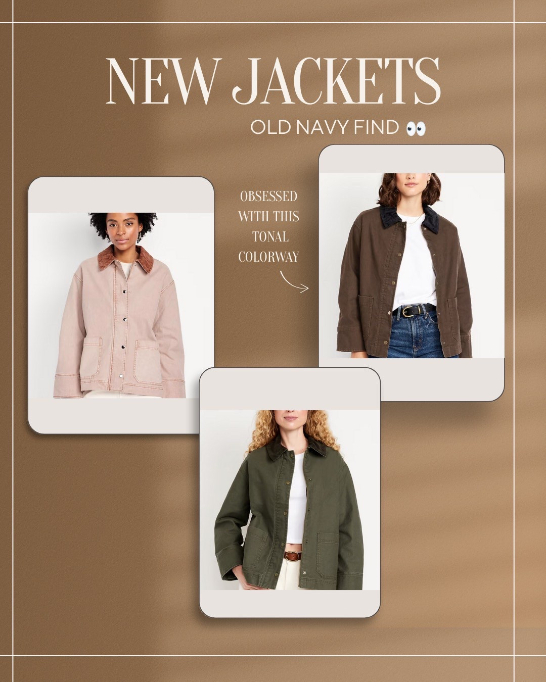 Old Navy Fall Barn Jackets 😍🍁

Fall style, fall fashion, barn jacket, cropped, velvet, affordable, brown, choclate brown, olive green, taupe, tonal