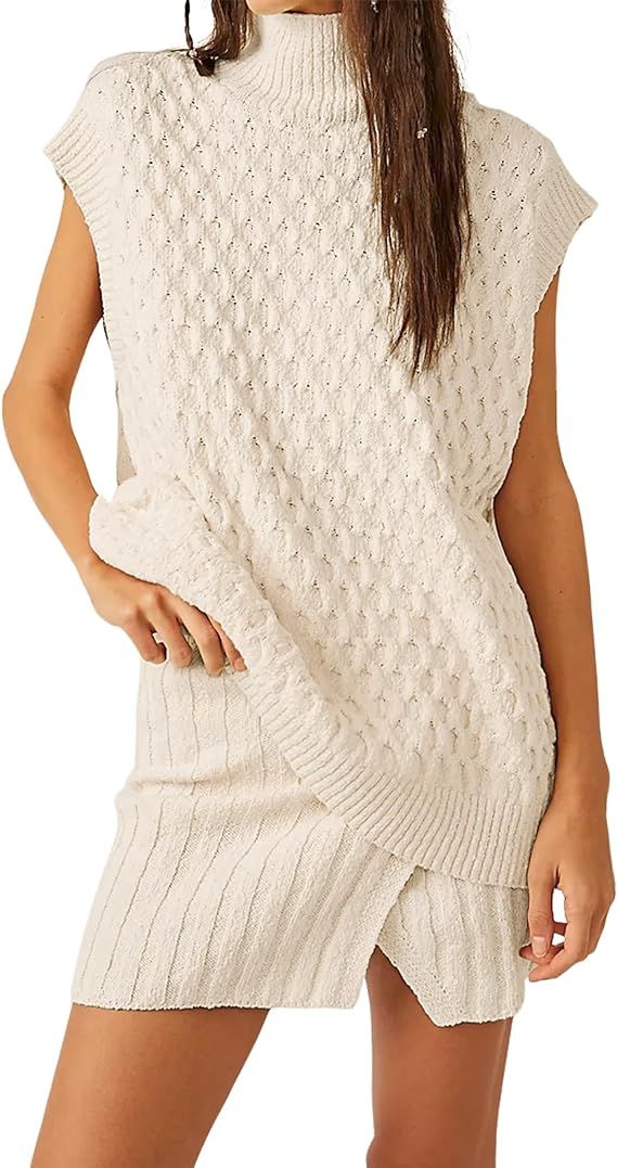 SAFRISIOR Women Two Piece Outfits Mock Neck Knit Pullover Top Split Mini Skirt Casual Sweater Tan... | Amazon (US)