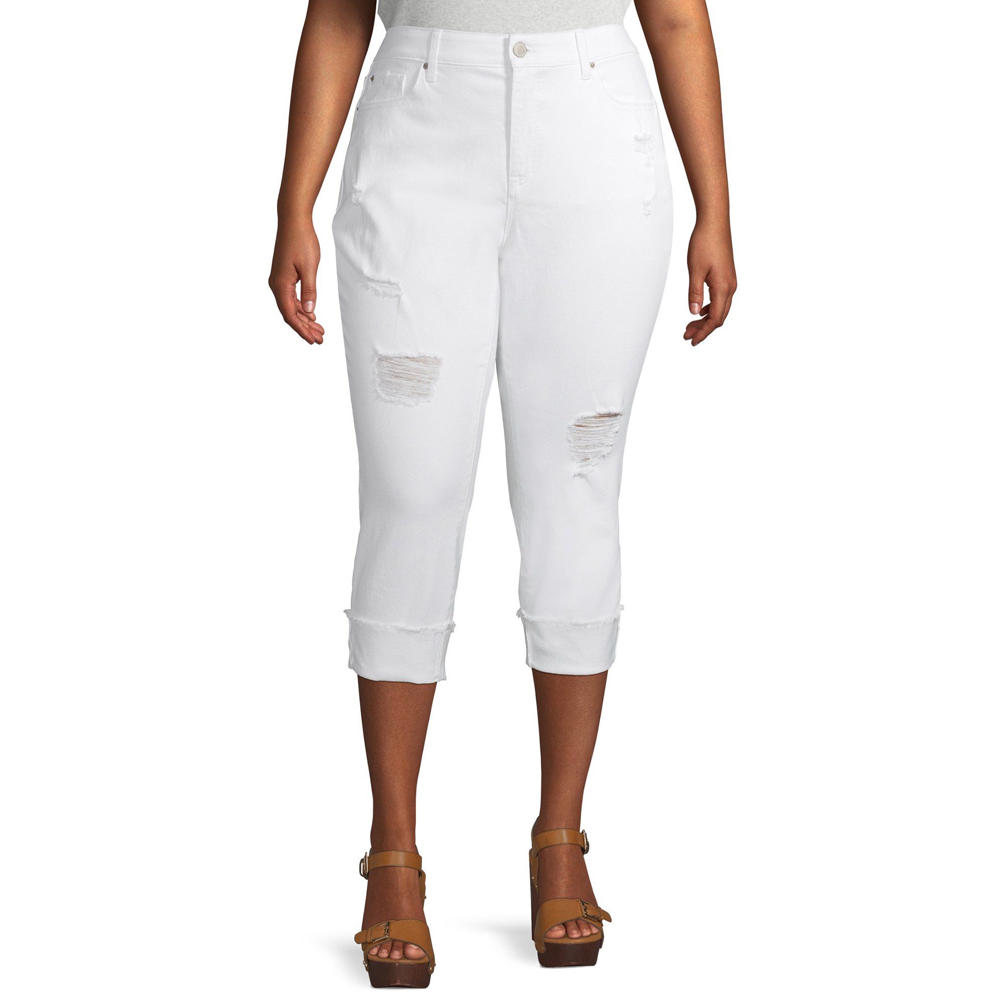 Terra & Sky Plus Size Skinny Denim Capri Jeans With Roll Cuff | Walmart (US)