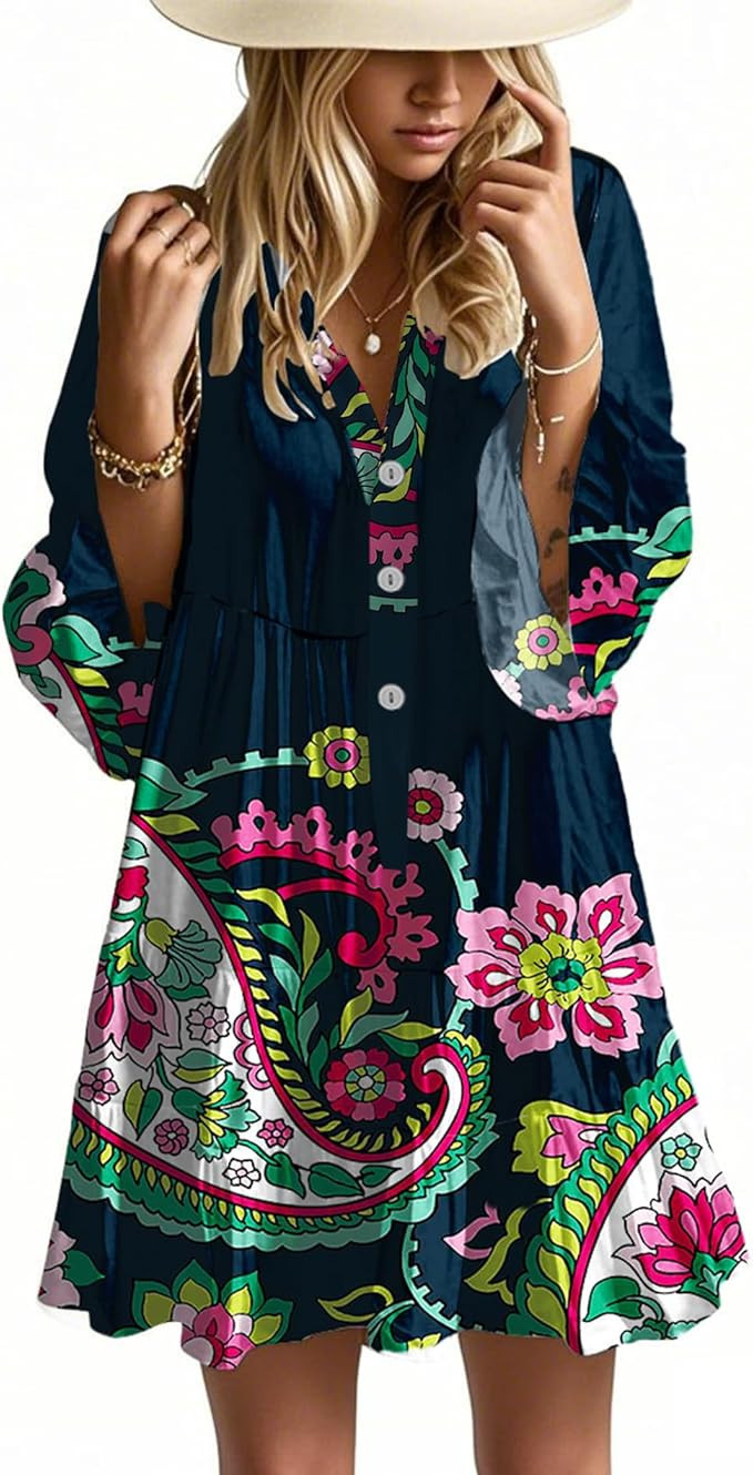 Opemiby Summer Dresses for Women 2026 Flowy Ruffle 3/4 Sleeve V Neck Tiered Casual Babydoll Boho ... | Amazon (US)