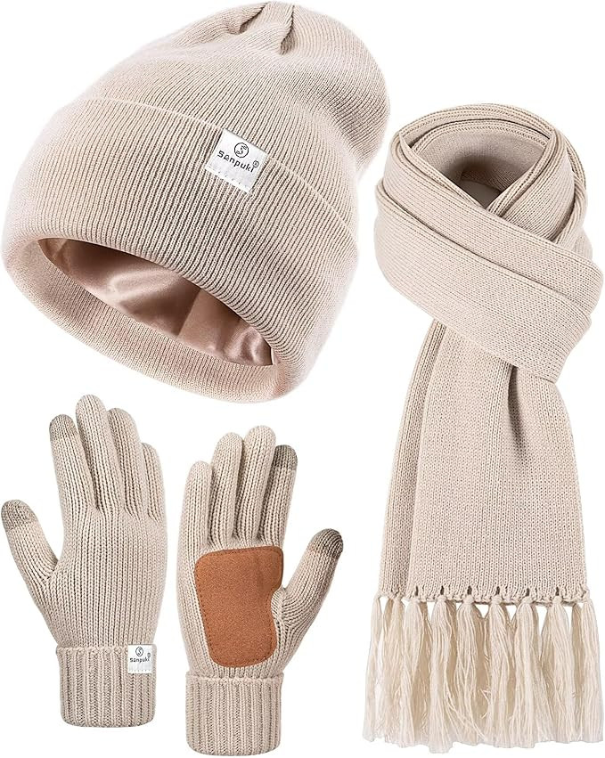 Womens Satin Lined Beanie Scarf Gloves Set, Silk Lined Winter Hats Knit Scarf Gloves, Gift Set St... | Amazon (US)
