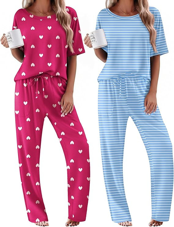 Ekouaer 2 Pack Womens Pajama Sets Short Sleeve Tops and Long Pants Casual Comfy Pjs Lounge Set wi... | Amazon (US)
