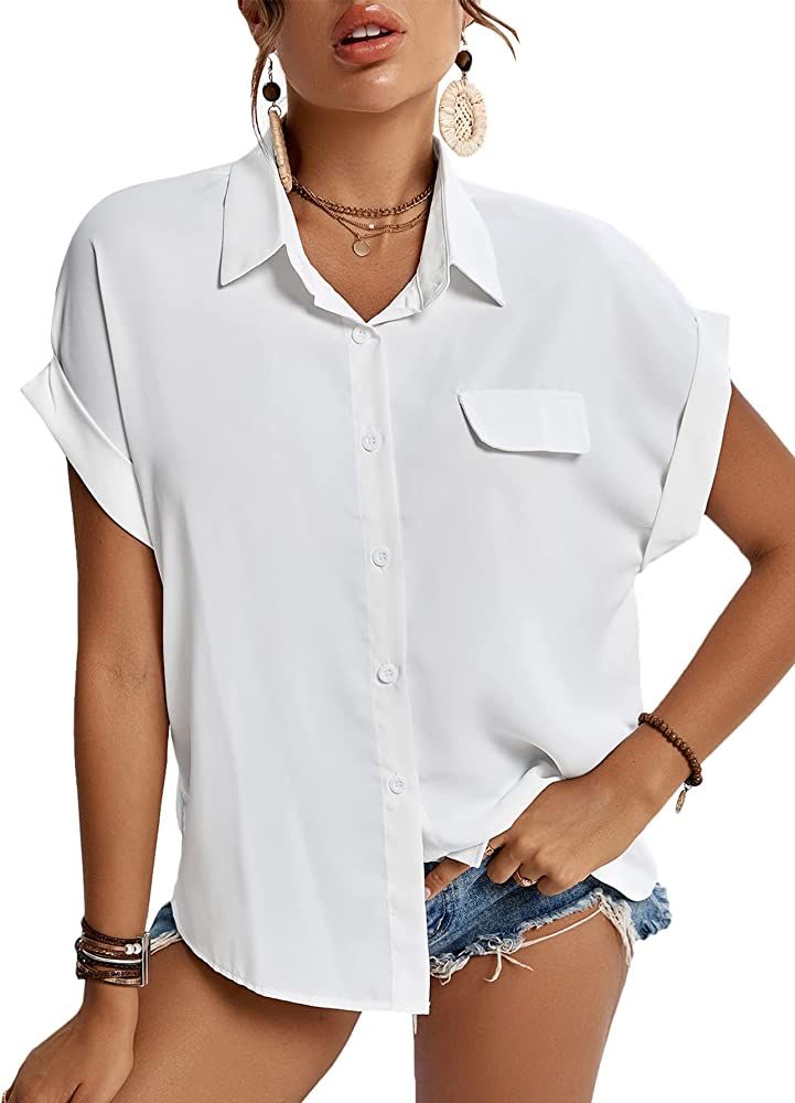 LYANER Women's Casual Collared Rolled Up Cap Sleeves Button Down Work Blouse Shirt Tops | Amazon (US)