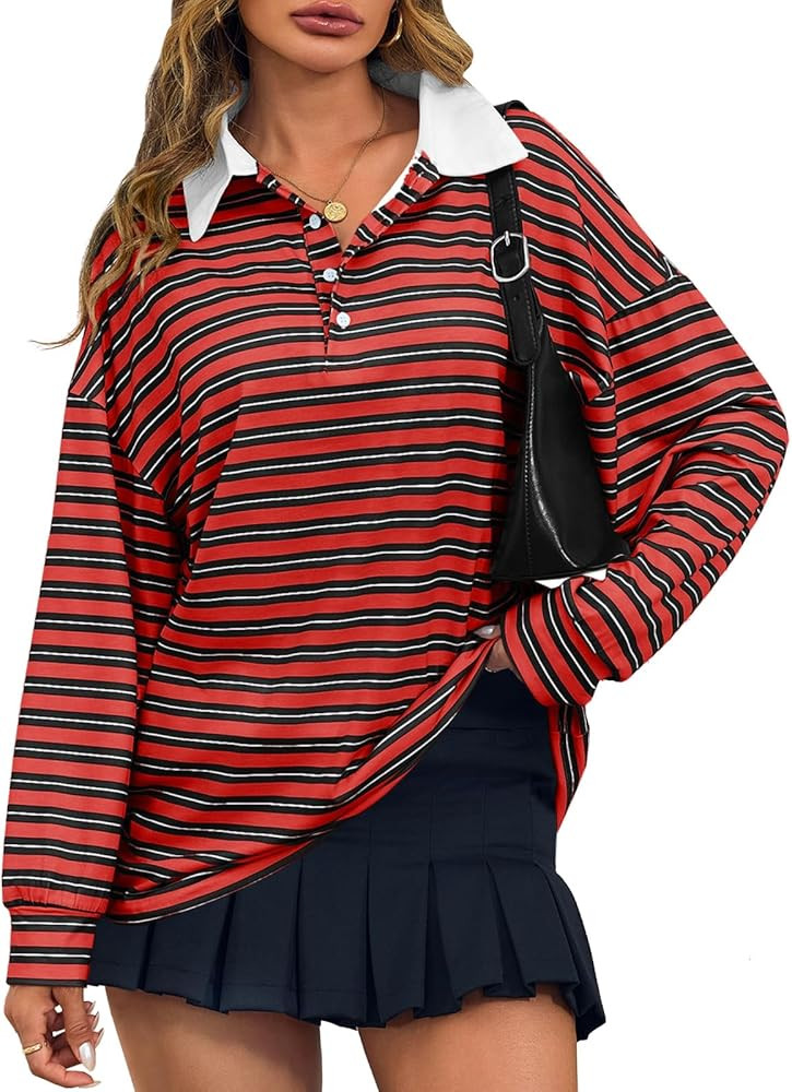 Cicy Bell Womens Long Sleeve Rugby Polo Shirts Oversized Striped Collared Sweatshirt Color Block ... | Amazon (US)