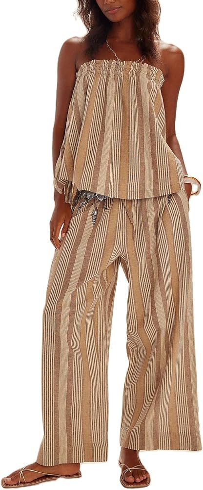 Yiulangde Two Piece Linen Sets for Women Summer Tube Top and Wide Leg Pant Lounge Matching Set 2 ... | Amazon (US)