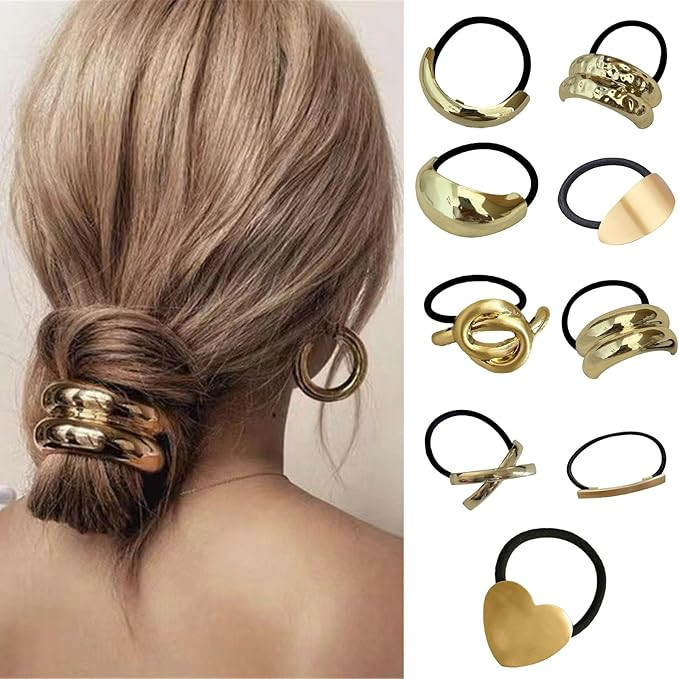 papasgix 9 PCS Metal Hair Ties, Metal Geometric Elastic Hair Ties, Hair Cuff Wrap Hair Ties for T... | Amazon (US)