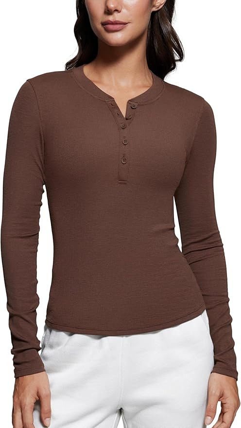 CRZ YOGA Long Sleeve Henley Shirts for Women Soft Casual Tight Tops Stretchy Knit Layering Basic ... | Amazon (US)