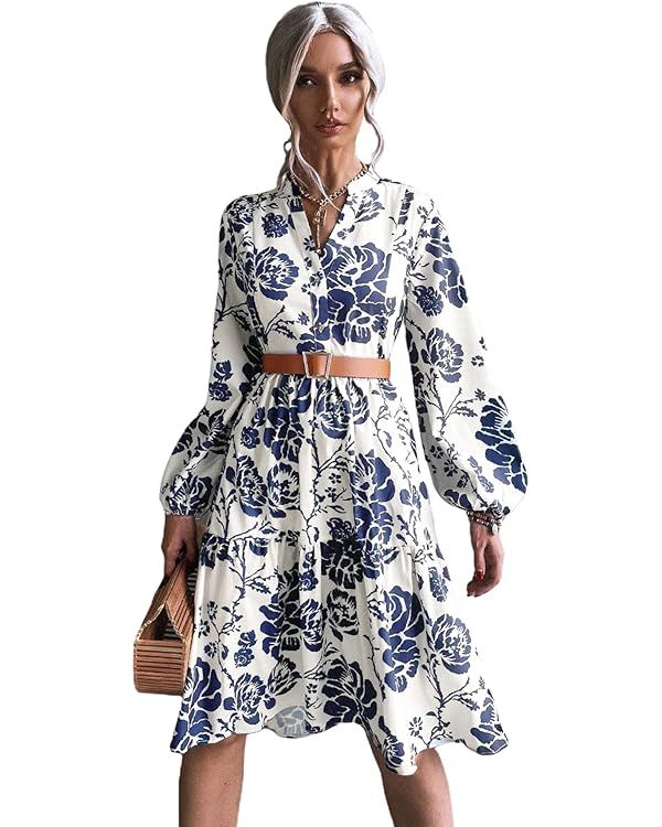 Floerns Women's Floral Print V Neck Ruffle Hem Lantern Long Sleeve Midi Dress | Amazon (US)