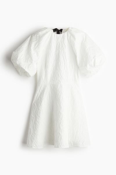 Jacquard-weave Tie-back Dress - Round Neck - Short sleeve - White - Ladies | H&M US | H&M (US + CA)