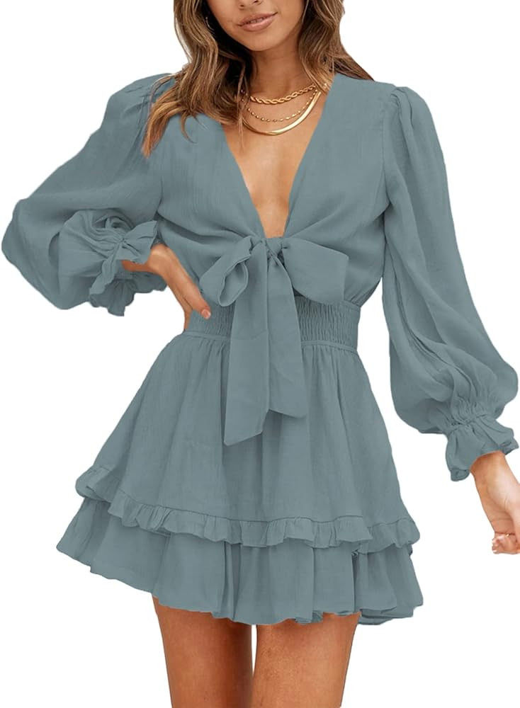 AlvaQ Womens Spring Summer Knot Front V Neck Ruffles Long Sleeve Floral Print Swing Mini Dress | Amazon (US)