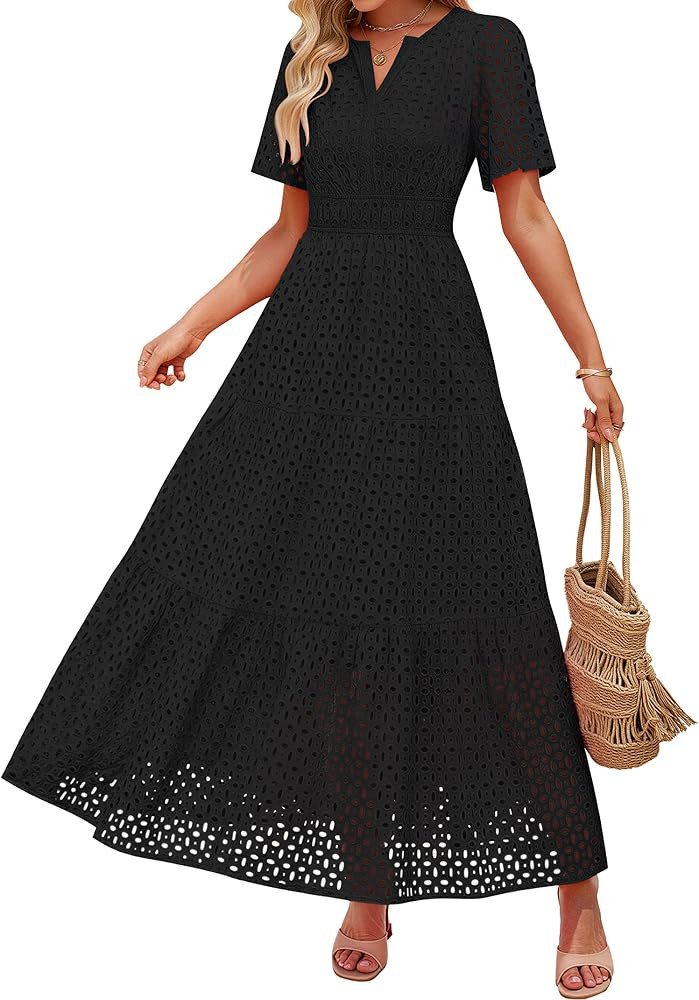 ZESICA Women's 2026 Summer Short Sleeve Maxi Dress Casual V Neck Hollow Out Eyelet Ruffle Swing A... | Amazon (US)