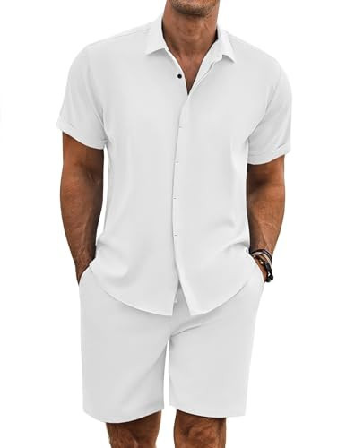 COOFANDY Men's Vacation Outfit All White Outfits for Men Beach Outfit, White, XX-Large | Amazon (US)