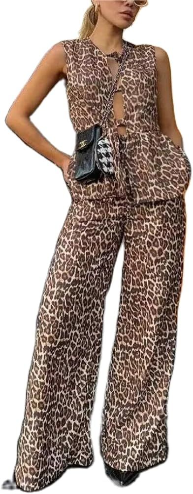 Women Y2k 2 Piece Tie Front Set Leopard Print Lace Up Vest Wide Leg Pants Sleeveless Causal Loose... | Amazon (US)