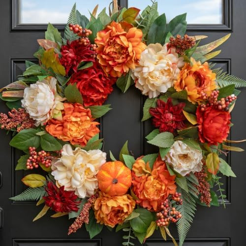 24 InchFall Wreaths for Front Door Autumn Wreath with Peony, Pumpkins | Amazon (US)