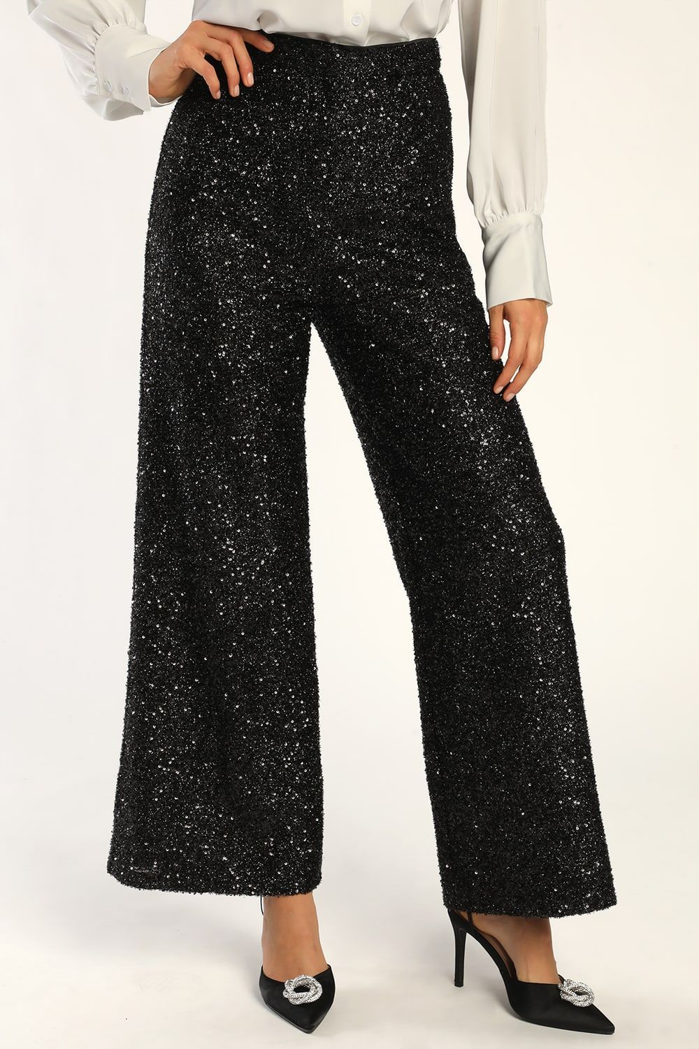 Shiny Delight Black Sequin High Rise Wide-Leg Pants | Lulus (US)