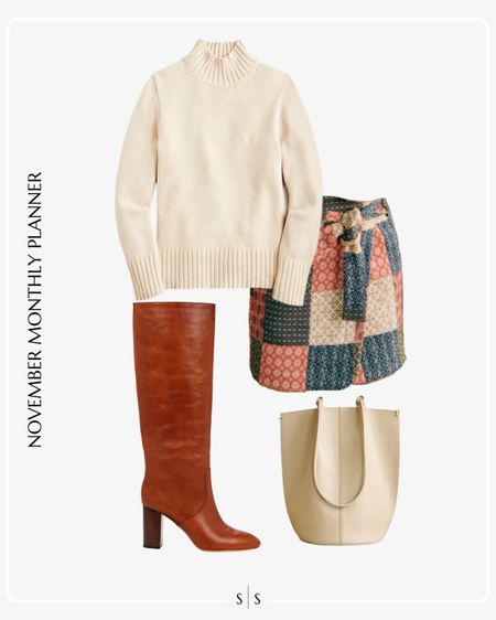 Monthly outfit planner: NOVEMBER Fall and Winter looks | ivory mock neck sweater, patchwork quilted mini skirt, Goldy Knee high boot, bucket bag 

#LTKstyletip