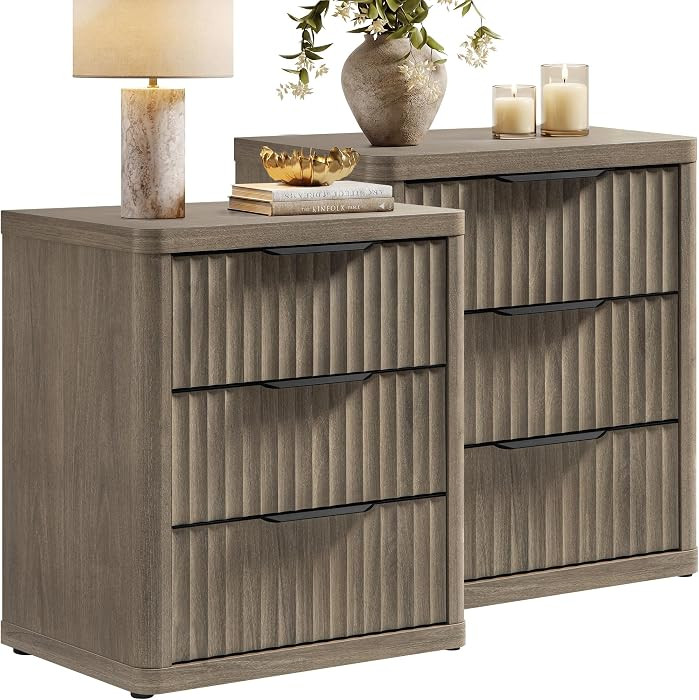 SICOTAS Night Stand Set of 2 Nightstands with 3 Drawers Storage Bedside Table Large Fluted Bed Si... | Amazon (US)