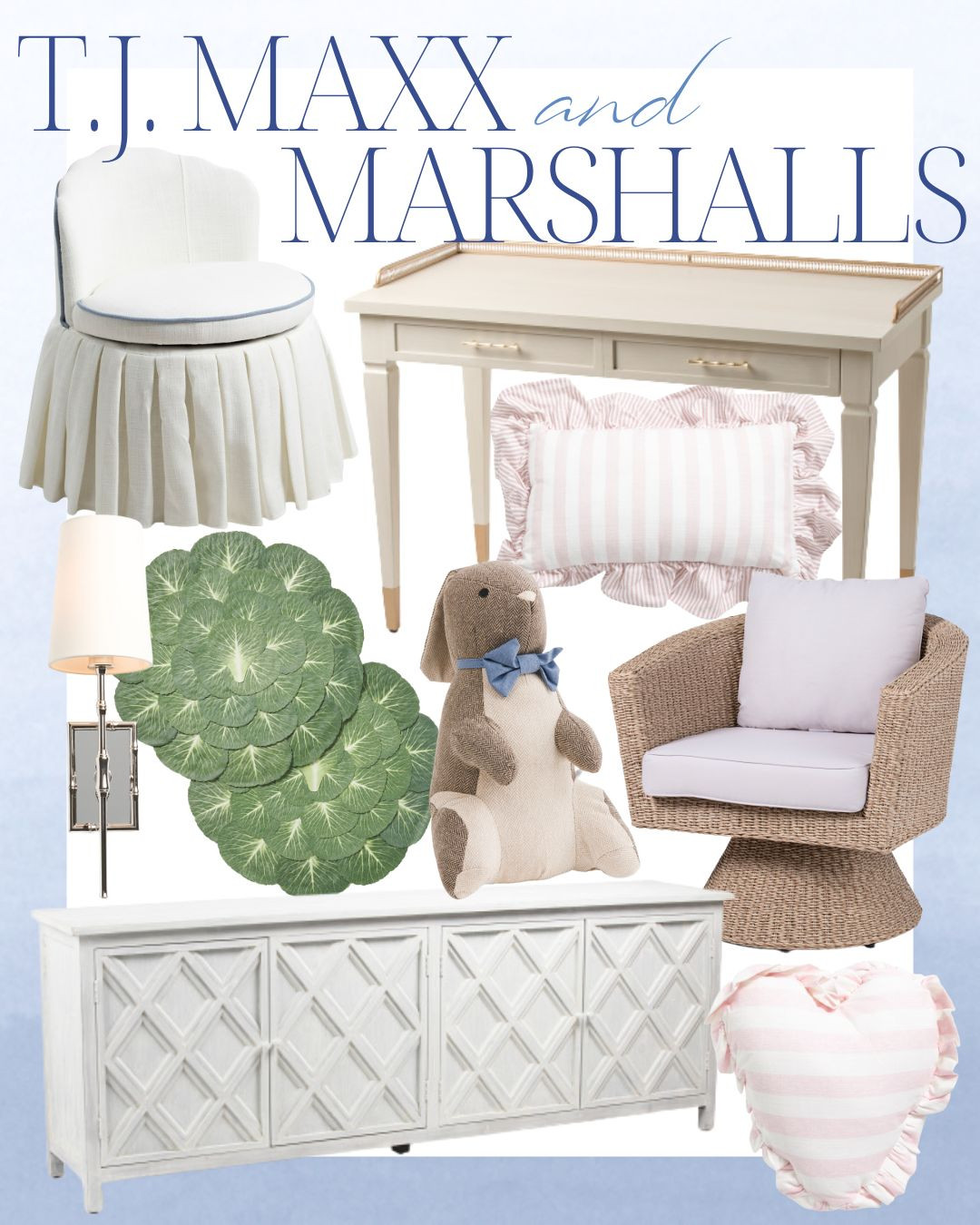 T.J. Maxx and Marshalls finds! 

living room | bathroom | bedroom | home decor | home refresh | bedding | nursery | classic home | traditional home | blue and white | furniture | coffee table | southern home | coastal home | grandmillennial home | scalloped | woven | rattan | classic style | preppy style | grandmillennial decor | blue and white decor | classic home decor | traditional home | bedroom decor | bedroom furniture | dresser | blue chair | brass lamp | floor mirror | euro pillow | white bed | linen duvet | side table | rug | glassware | cups | plates | hosting | kitchen spring | sale picks | outdoor furniture | porch | beach | Lillian August | Karma Home | Ballard Designs 

 #LTKHome