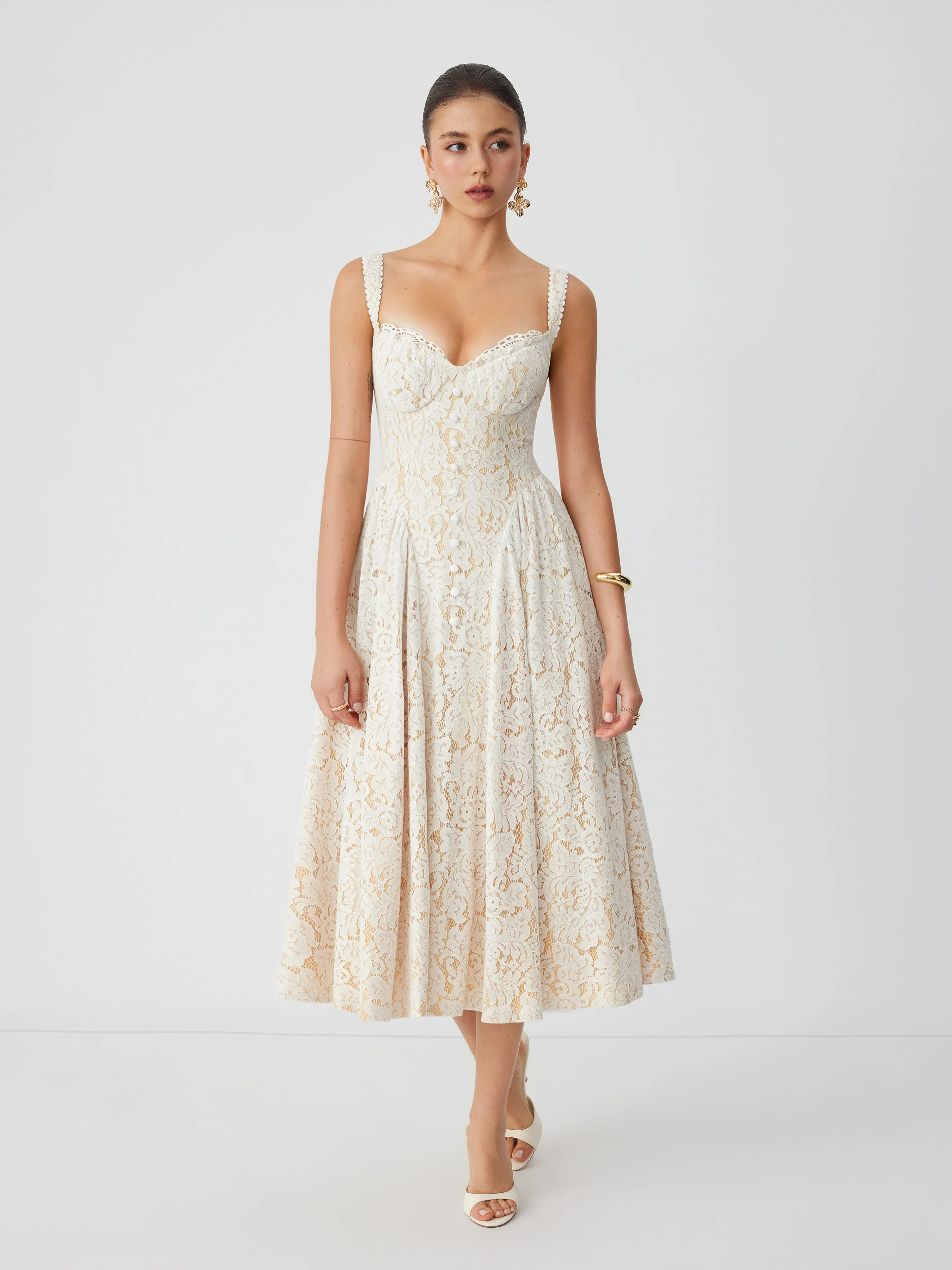Knit Fabric Cotton-blend Textured Lace Sweetheart Neck Flared Midi Dress For Date Wedding | Cider