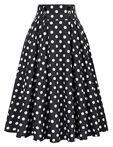 Women's 1950s Retro Skirt Knee Length Swing A-line Skirt Polka Dots (Black Polka Dots,XL) | Amazon (US)