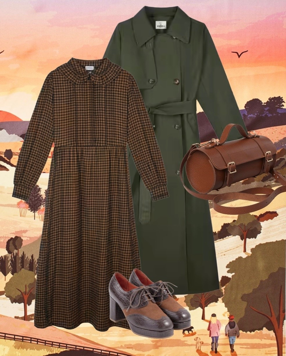 This beautifully soft Gingham Midi Dress in Black and Mocha Brushed Cotton and the new in Military Green Trench Coat are the epitome of autumn British elegance by Brora 🍁 Add the preppy Bowls Bag by Cambridge Satchel Company, Platform Brogues by Joanie Clothing currently with 40% off for a strictly limited time and the Aspinal of London South Downs silk scarf (featured here as the background) which would also make a wonderful gift 🍁🌳 🍂 

#LTKEurope #LTKGiftGuide #LTKwinter

#LTKluxury #LTKautumn #LTKuk