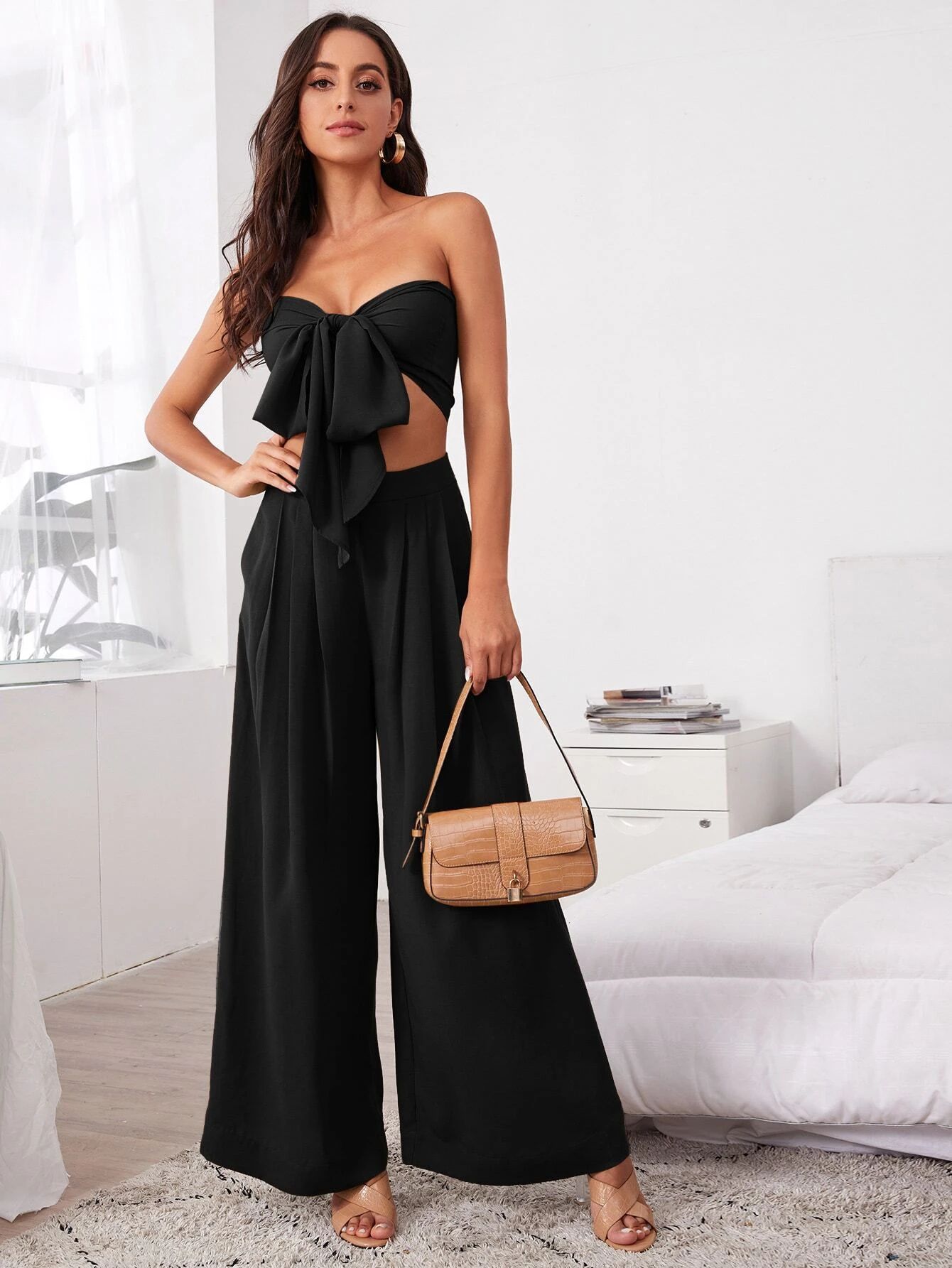 SHEIN Tie Front Tube Top and Wide Leg Pants Set | SHEIN