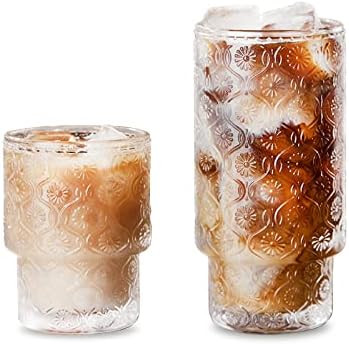 Vintage Drinking Glass Cups Set of 2, Ribbed Glassware Unique Pattern Style, Origami Style Glass ... | Amazon (US)