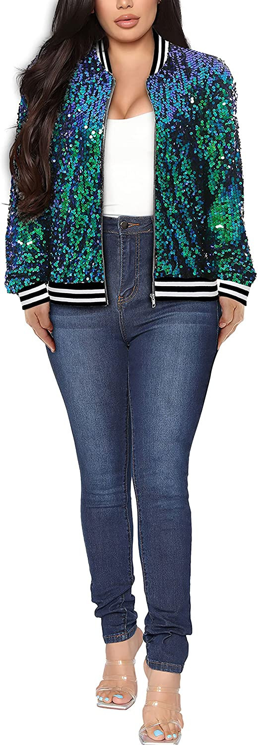 Yutuwomsfushi Womens Long Sleeve Sequin Open Front Zipper Jacket with Ribbed Cuffs | Amazon (US)