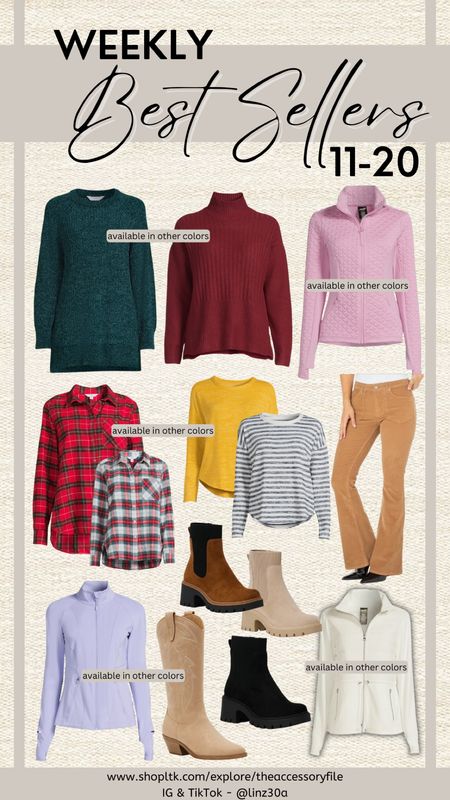 This past week’s 11-20 best sellers.

Tunic sweaters, mock neck sweaters, athletic jackets, athleisure wear, holiday flannels, hacci shirts, corduroy flare pants, chelsea boots, fall shoes, fall boots, fall fashion, fall outfits, winter fashion, winter outfits, Walmart fashion finds, Walmart must haves 

#LTKstyletip #LTKHoliday #LTKfindsunder50
