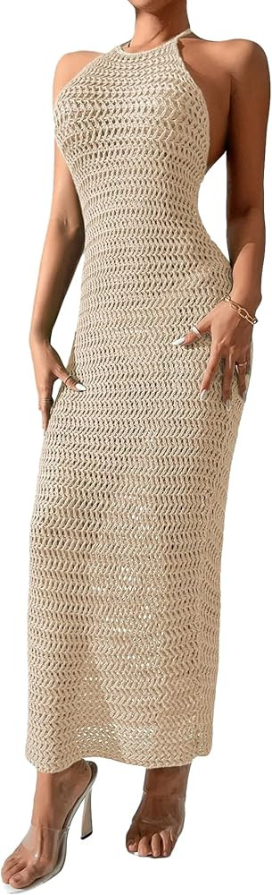 SOLY HUX Women's Summer Crochet Cami Dress Tie Back Backless Halter Bodycon Long Maxi Dresses | Amazon (US)