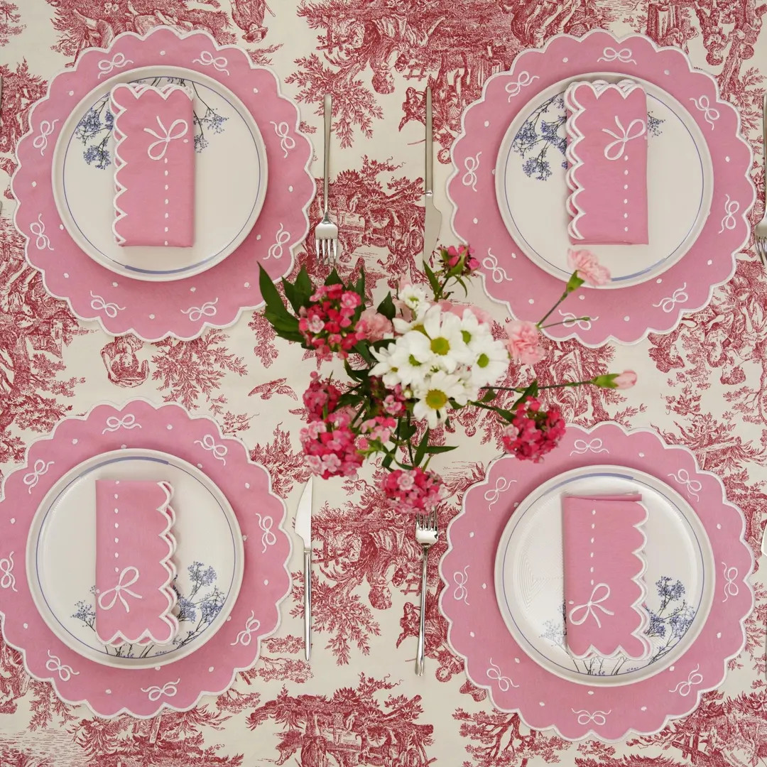 Ribbia Pink Embroidered Cotton-Blend Placemat & Napkin Set \u2013 Waterproof with Bow Detail, Han... | Etsy (Global)