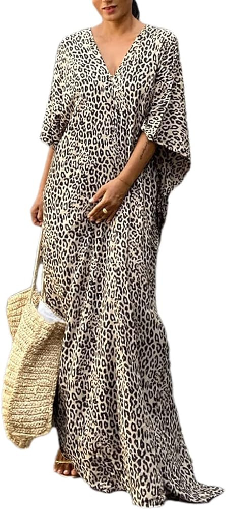 Bsubseach Beach Kaftan Dresses Cheetah Long Rayon Caftan Swim Cover Up Muumuu Animal Dress Oversi... | Amazon (US)
