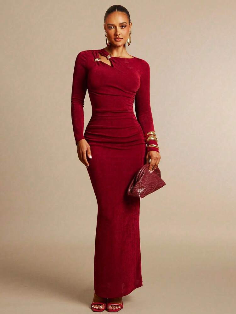 Silquee Burgundy Asymmetric Hollow Neck Elastic Fitted Ruched Dress With Gold Decor Button, Suitable For Romantic Dates, Wedding Parties, Valentine's Day Burgundy Formal Dress Women Long Sleeve Formal Dress Wine Red Dress Red Dresses For Women Elegant Burgundy Dresses Wedding Guest Fall Dresses For Women Christmas Dress Fall Clothes For Women Fall Outfits For Women Winter Clothes For Women Christmas Halloween Clothes Office Outfits For Women Work Outfits For Women Work Clothes Office Wear Women Off | SHEIN