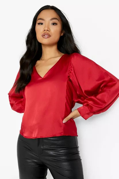 Petite Extreme Volume Sleeve Satin Blouse | Boohoo.com (US & CA)
