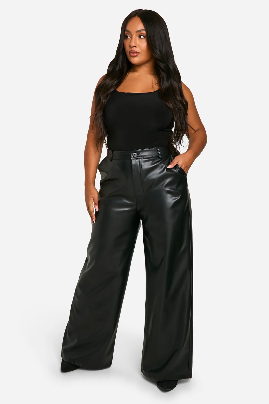 Plus High Waisted Pu Wide Leg Trouser | boohoo (US & Canada)