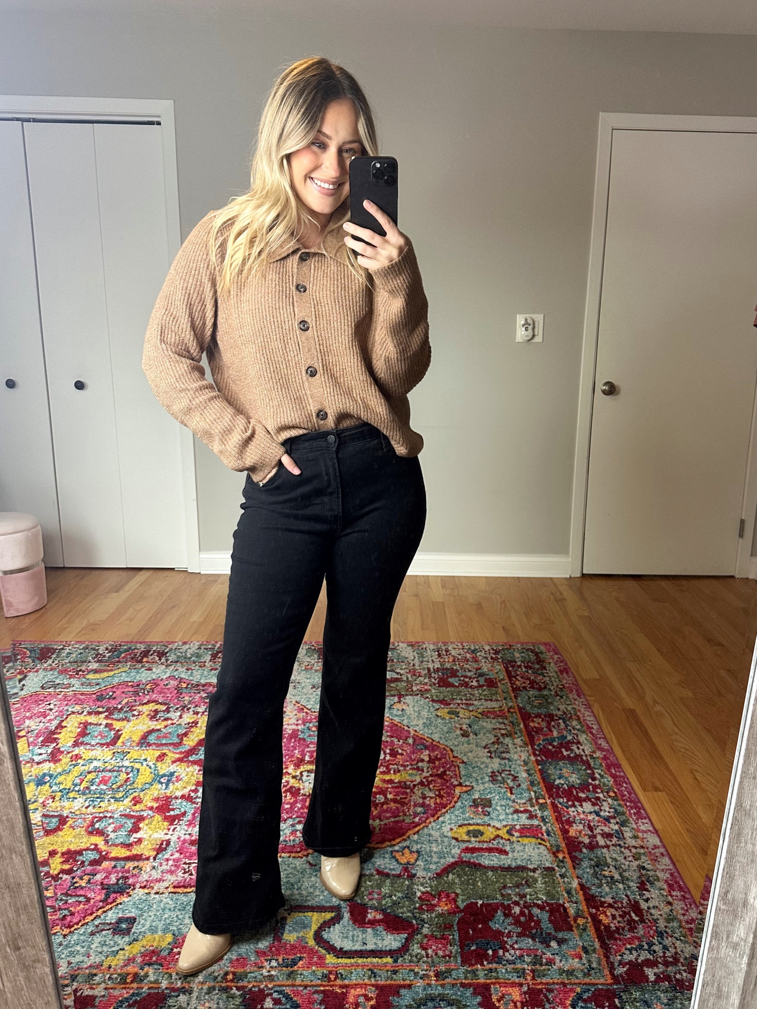 Fall outfits / flare jeans and button up sweater #falloutfits 

#LTKsalealert #LTKfindsunder50 #LTKshoecrush