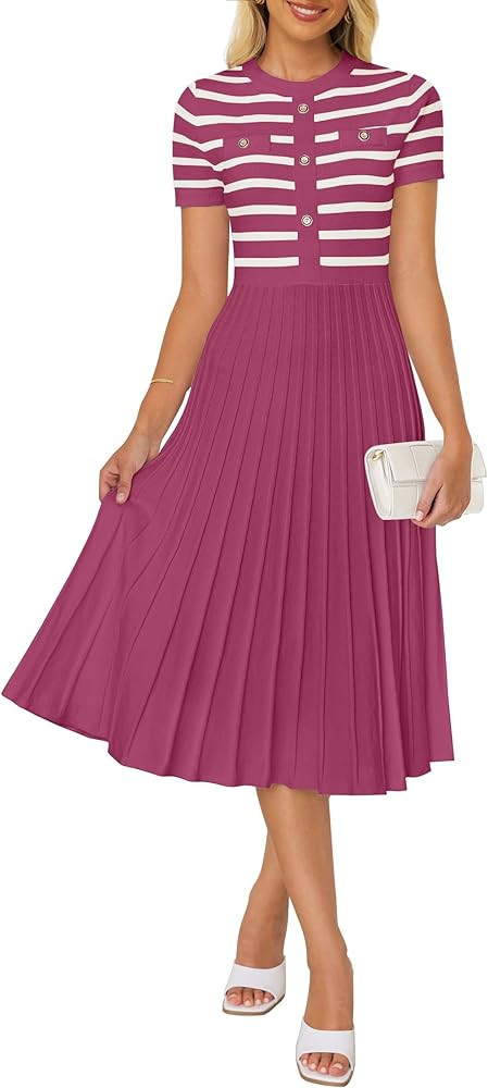 ZESICA Women's Casual Striped Midi Dress Crewneck Short Sleeve Button Ribbed Knit Swing Pleated A... | Amazon (US)