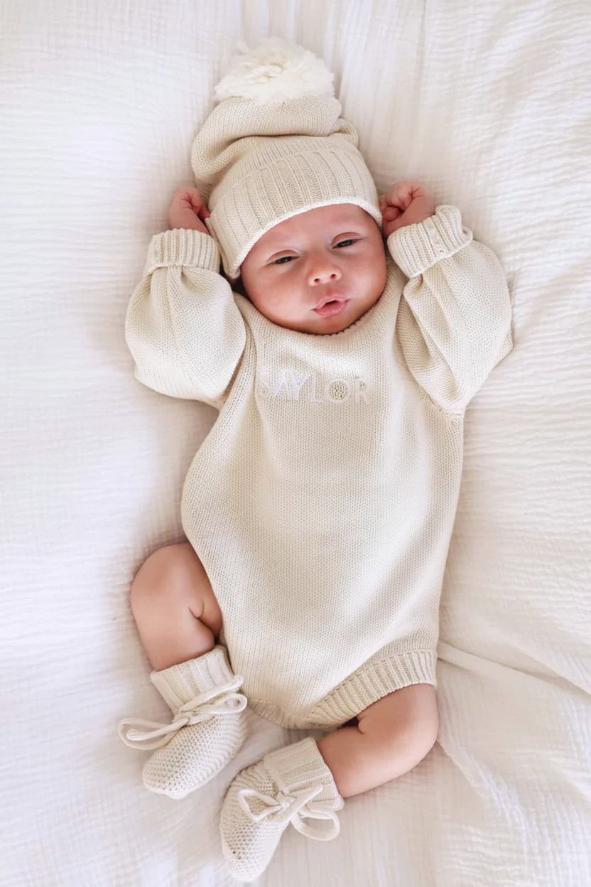 Embroidered Knit Sweater Bubble Romper | Ash | Caden Lane