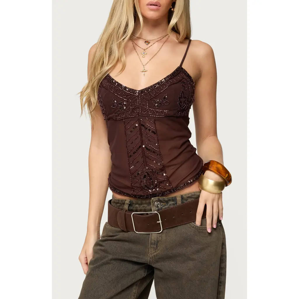 EDIKTED Azelia Beaded Mesh Camisole in Brown at Nordstrom, Size X-Small | Nordstrom