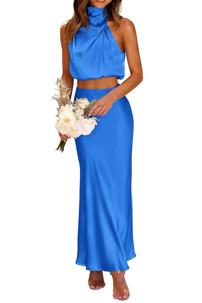 PRETTYGARDEN Women's 2 Piece Satin Outfits Summer Sleeveless Mock Neck Crop Tops and Long Skirt D... | Amazon (US)