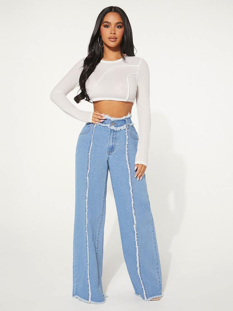 SHEIN SXY High Waist Frayed Trim Wide Leg Jeans | SHEIN