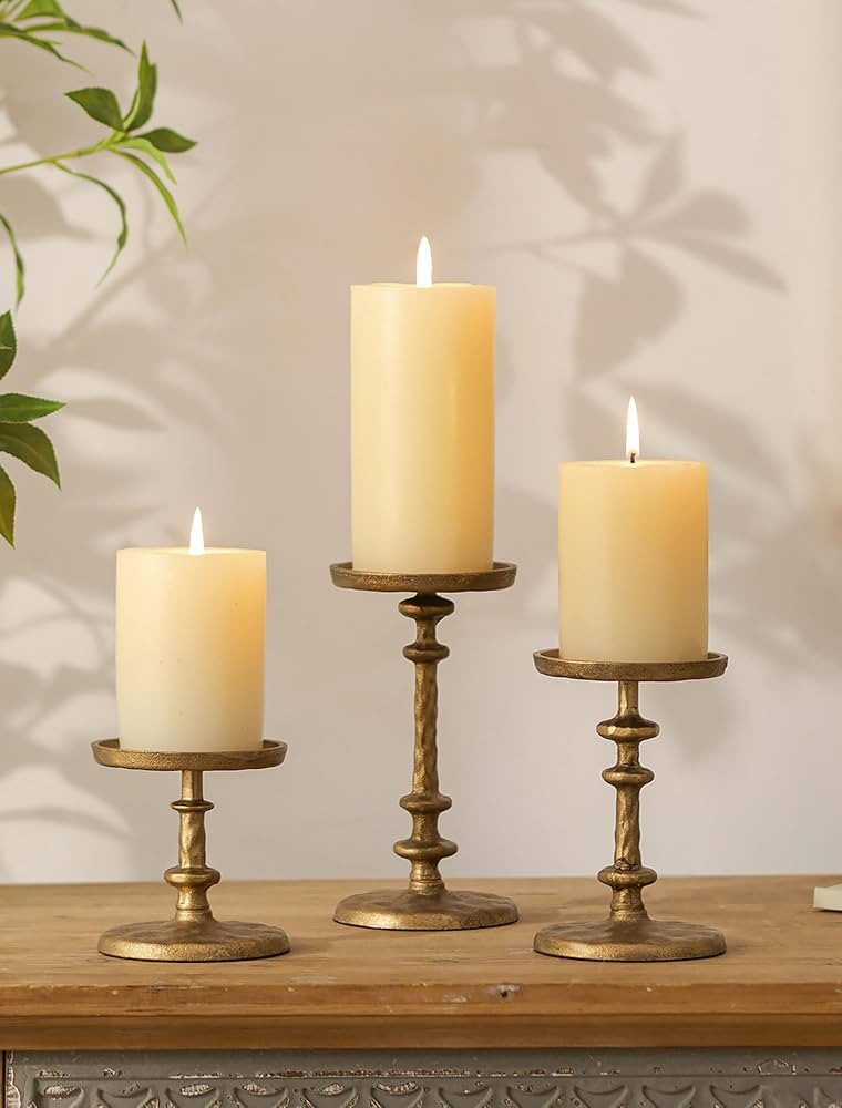 NUPTIO Pillar Candle Holder Gold: Antique Brass Cast Iron Candle Stand | Amazon (US)