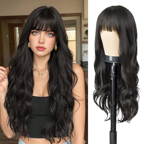 AISI QUEENS Black Wig for White Women,Synthetic Wig Black Wig with Bangs 26 Inch Long Natural Looking Wavy Wig for Cosply Daily Party Use | Amazon (US)