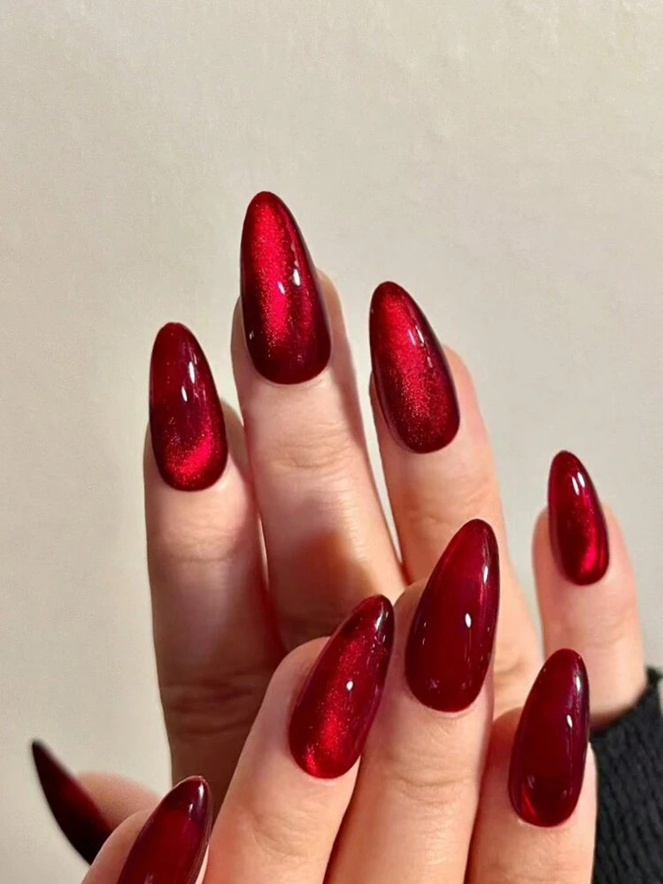 24pcs/Set Y2K Aesthetic Blood-Red Crystal Cat Eye Press On Nails Long Almond Red Cat Eye Acrylic ... | SHEIN