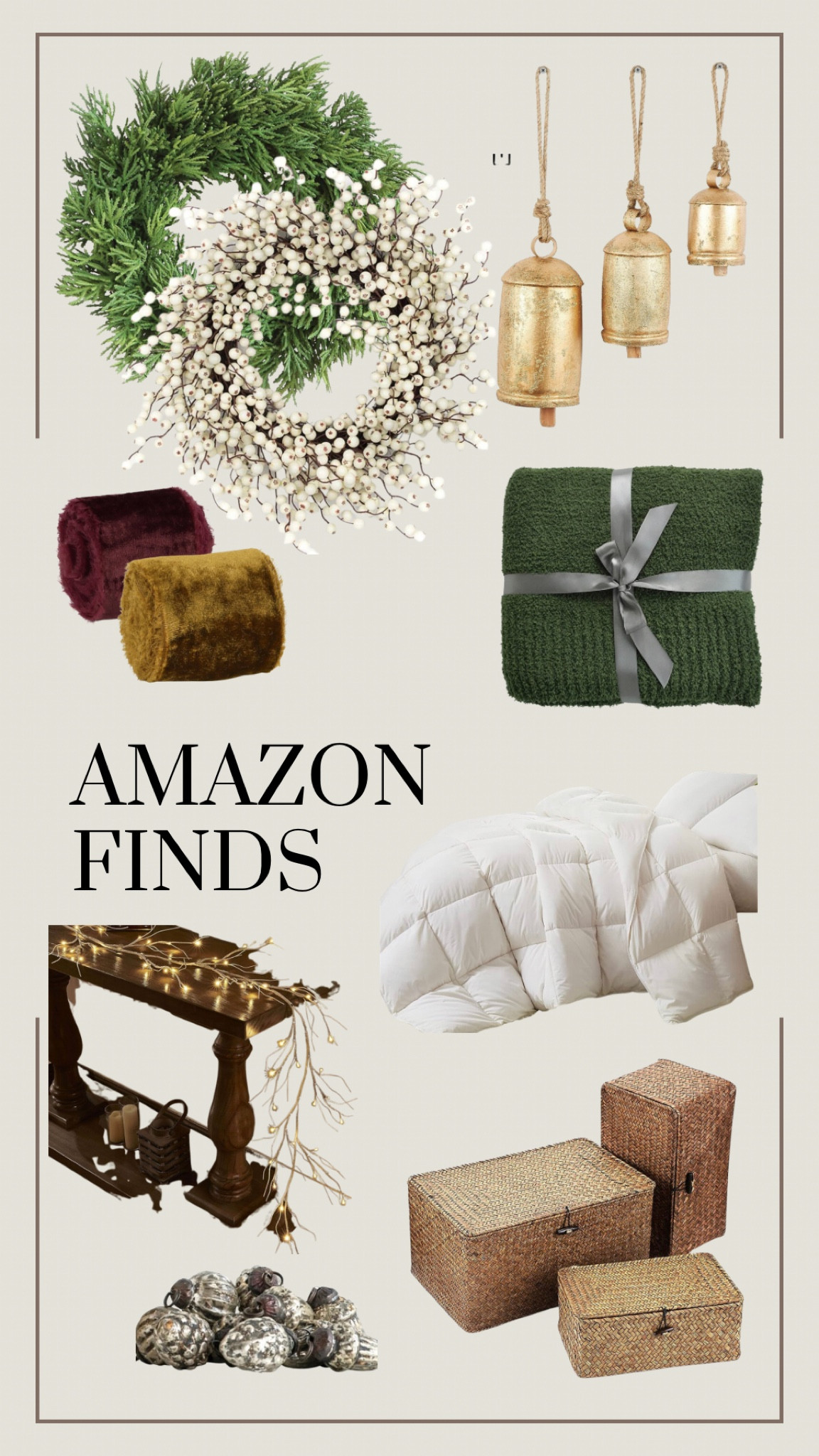 Cozy Amazon finds! Fall Christmas entertaining. Deal on this down comforter under $40. Arhaus birch branch dupe. Velvet ribbon. Barefoot dreams dupe. Gift ideas.