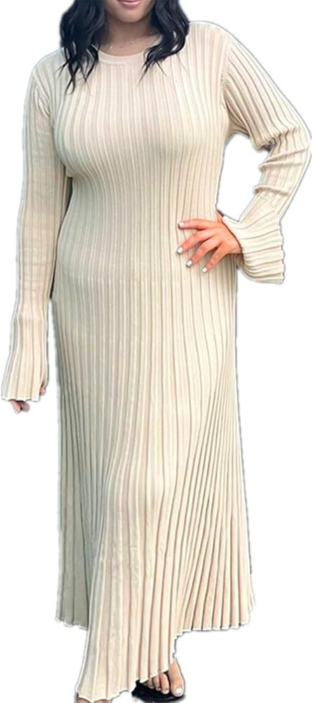Bodycon Knit Dress for Women Long Sleeve Crew Neck Ribbed Solid Fall Long Maxi Going Out Dress | Amazon (US)