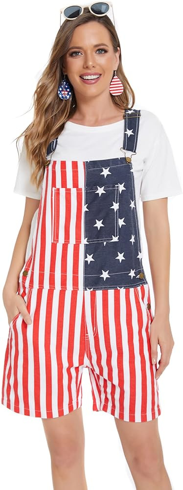 American Flag Overalls Bib Denim Shorts Jean Romper Casual Workout Summer Adjustable Strap Jumpsu... | Amazon (US)