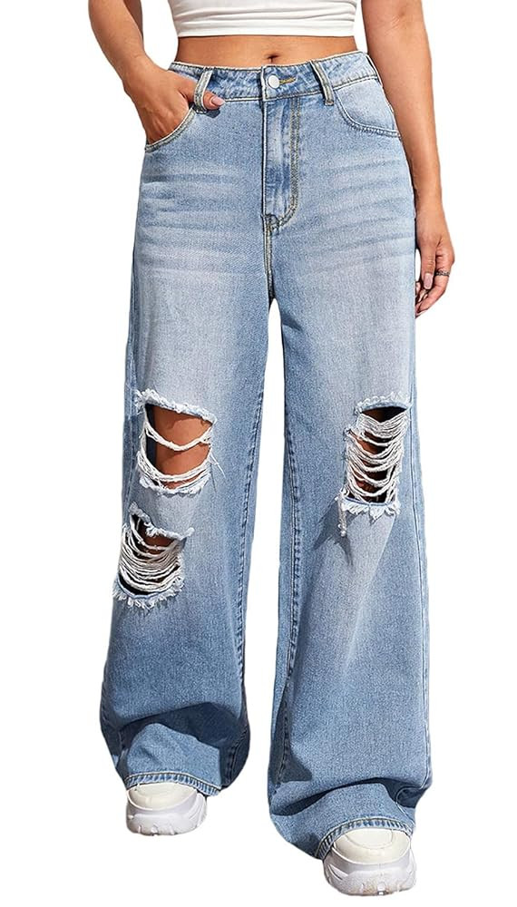 BestGirl Women's Baggy Jeans Pull On Stretchy Loose High Waisted Wide Leg Denim Pants Y2K 90s | Amazon (US)