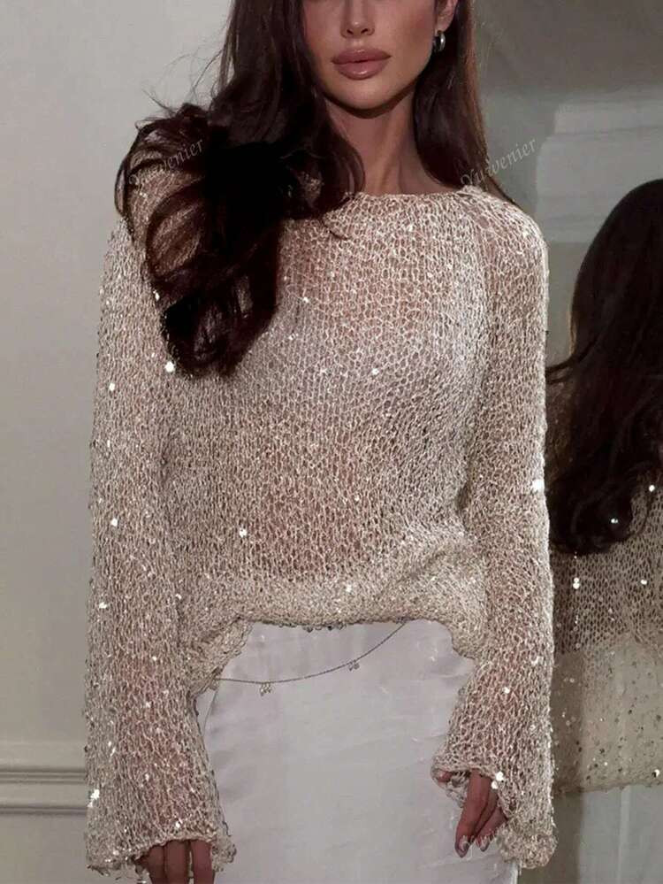Yuwenier Sexy Hollow Out Sheer Sequin Embellished Crochet Cover-Up Batwing Long Sleeve Loose Fit ... | SHEIN