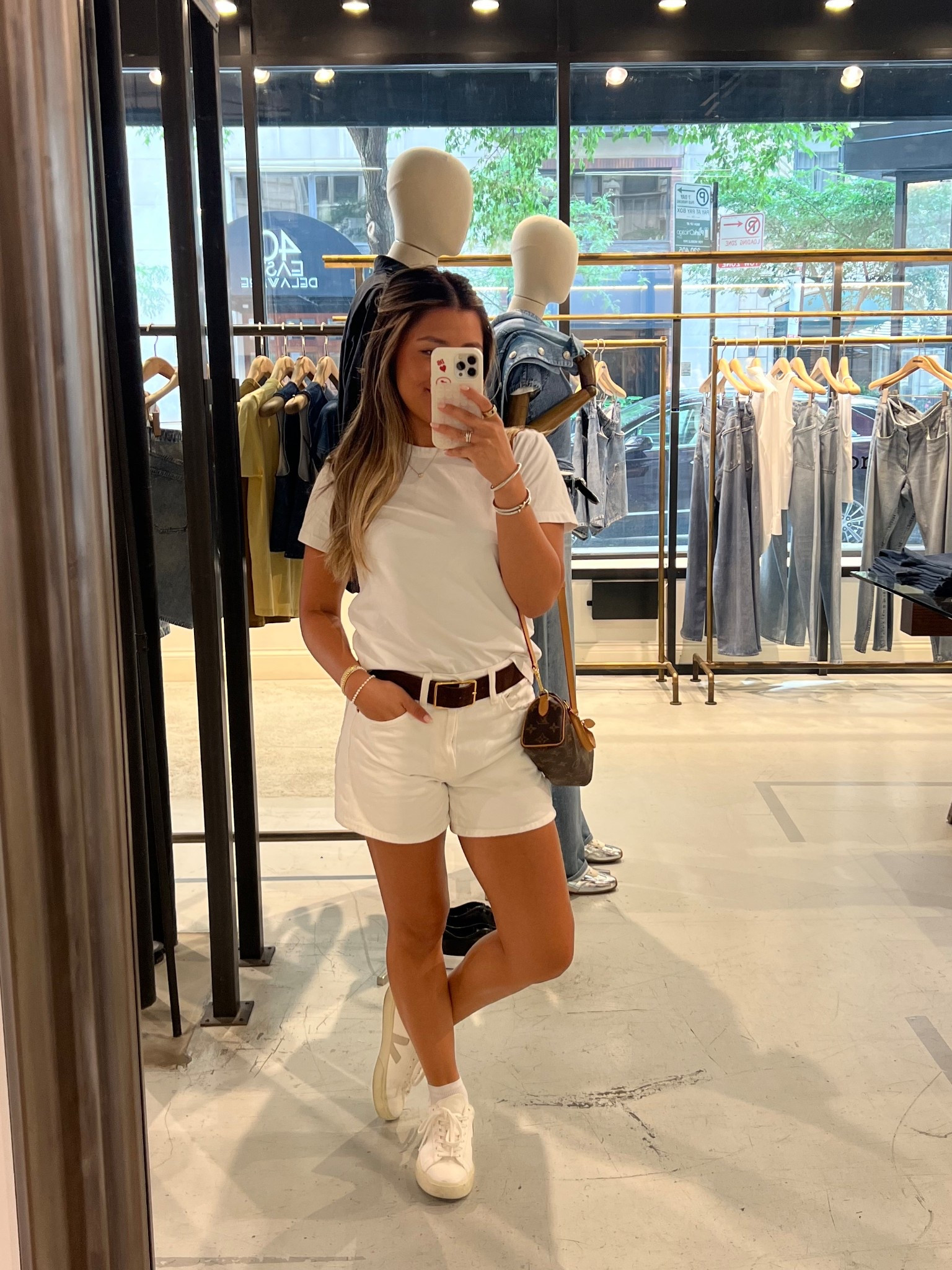 white madewell tee (small) brown suede b-low belt (xs), agolde shorts (25)